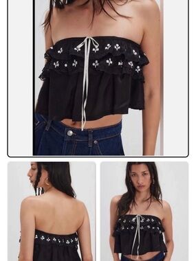 Free People Black Strapless Ruffle Crop Top with White Embroidered Trim NWOT